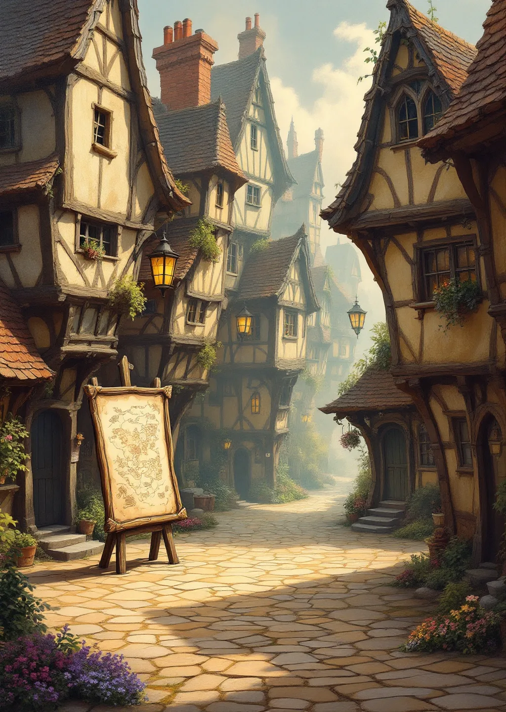 Oil painting of Transpose, the shifting medieval town at the heart of the Anagram Engine