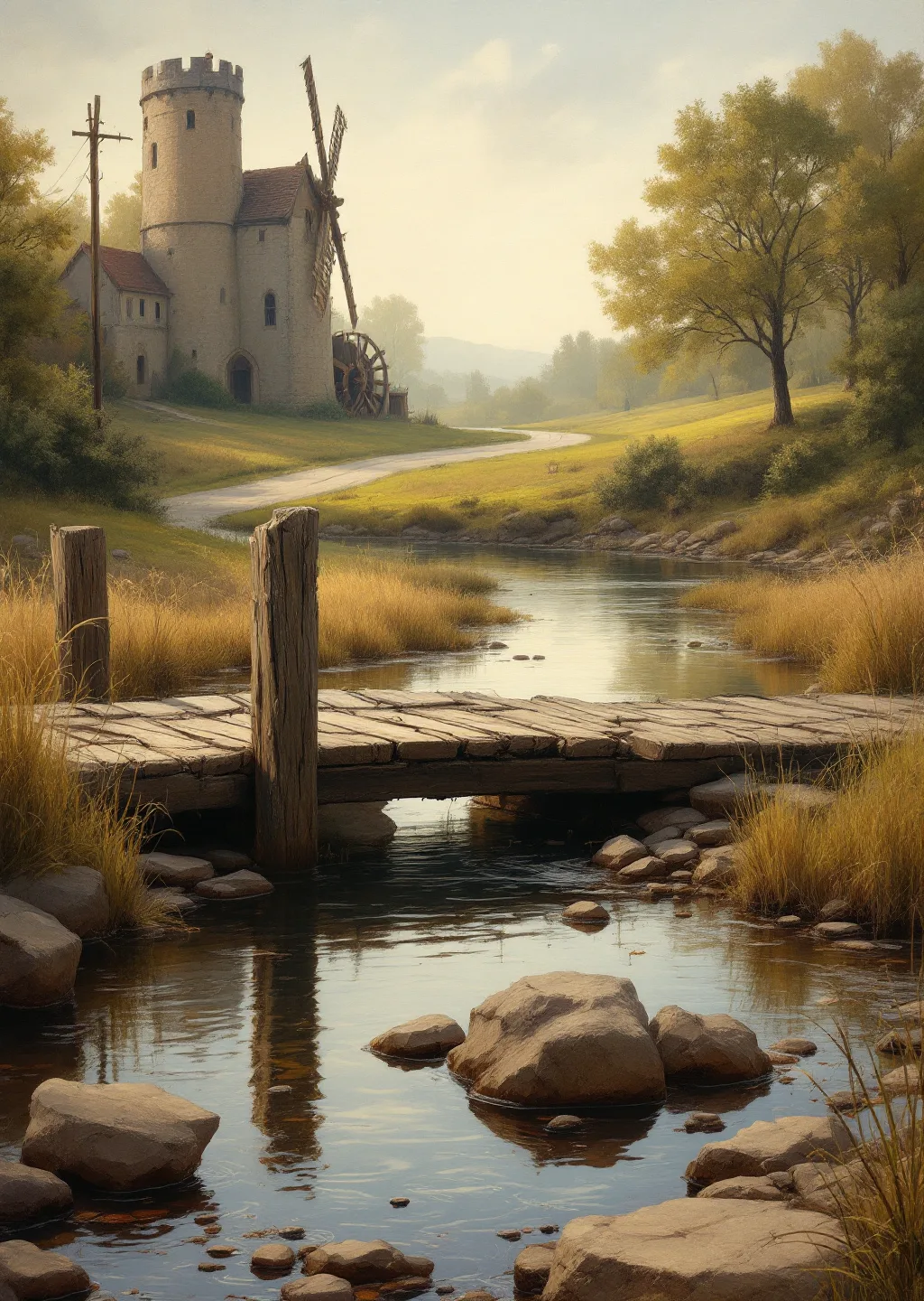 Oil painting of the shallow river crossing and wooden marker post at Twice-Told Ford