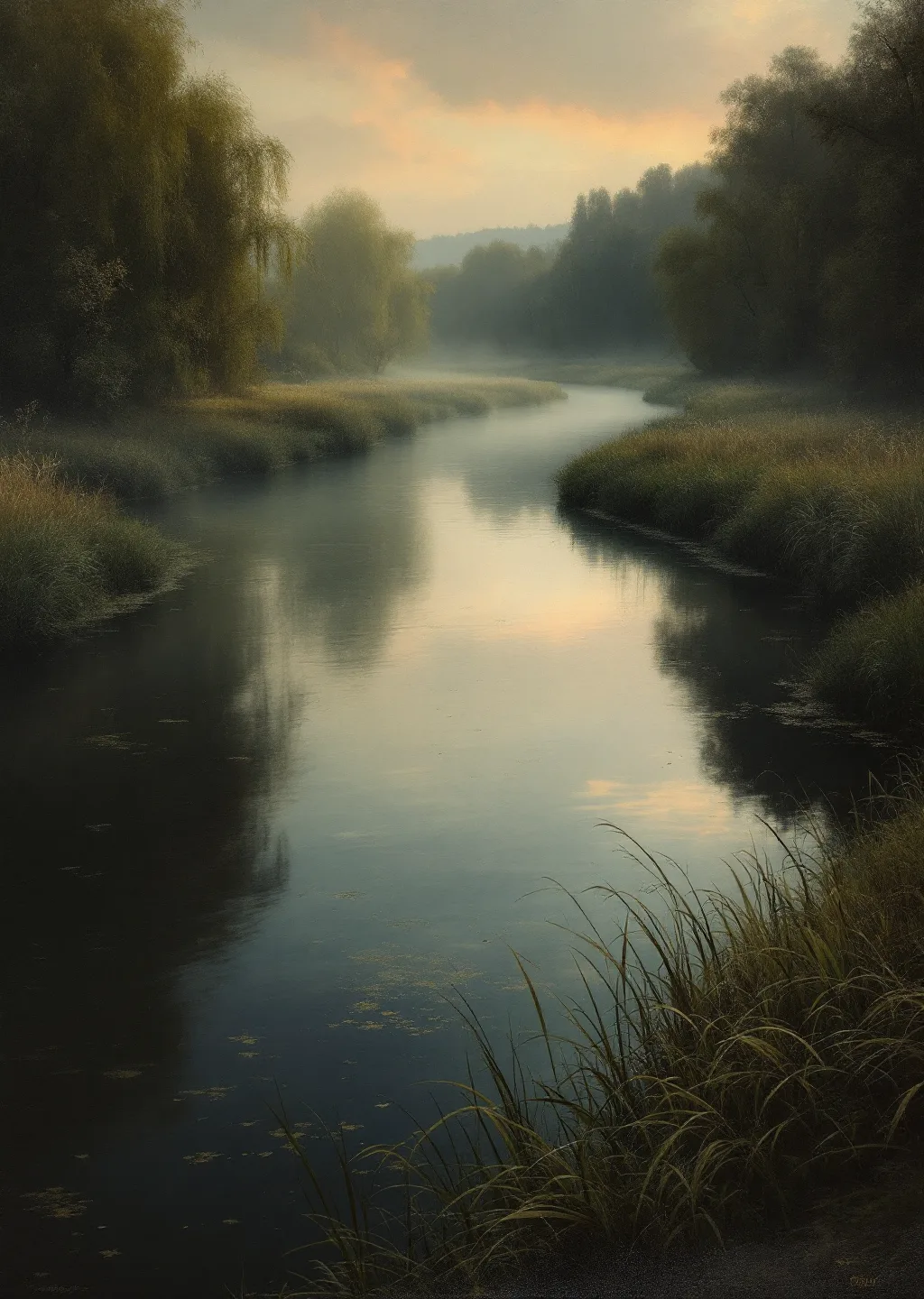 Oil painting of a wide, slow-moving river bend screened by osier willows, glassy dark water and faint mist at dusk.