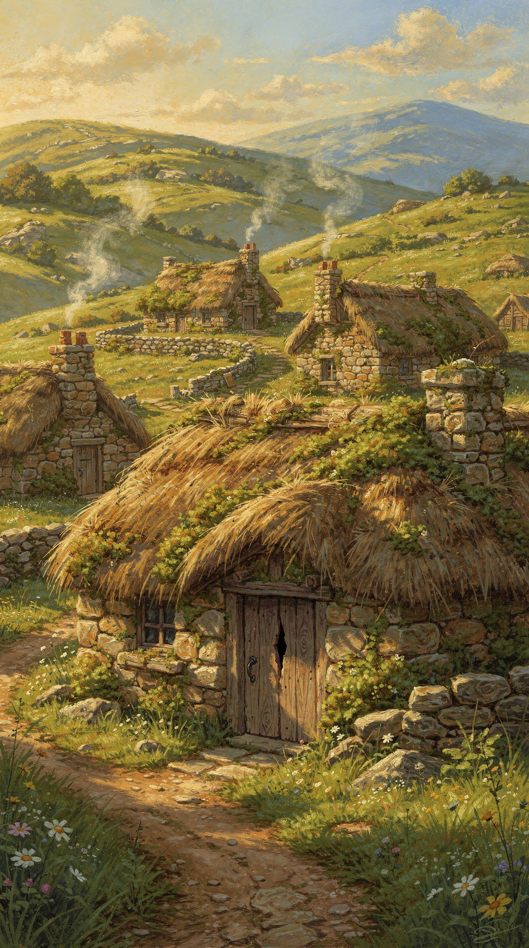 Oil painting of Uttermost Rest — a cluster of old stone cottages with mossy, overgrown thatched roofs and smoking chimneys nestled among green rolling hills, drystone walls threading between them, a weathered plank door in the foreground whose knothole reads like a letter worn out of a word, a dirt path winding up past the houses under a bright, cloud-scudded sky.
