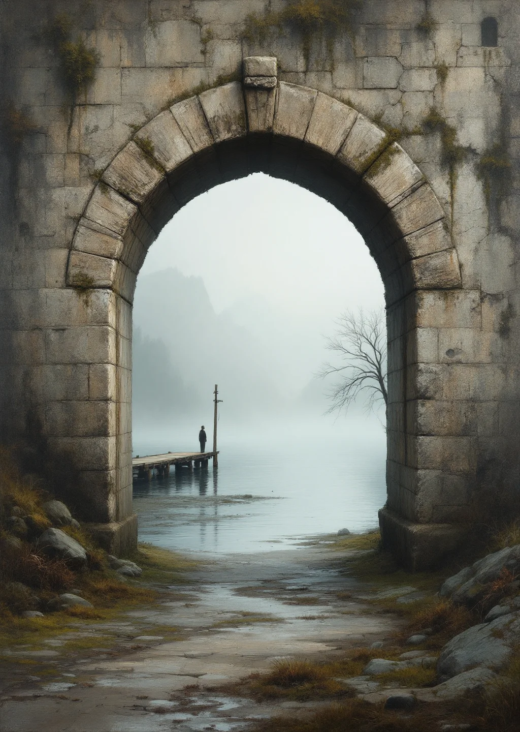 Oil painting of Vellum Gate, a weathered stone archway at the river's edge with a misty ferry crossing beyond.