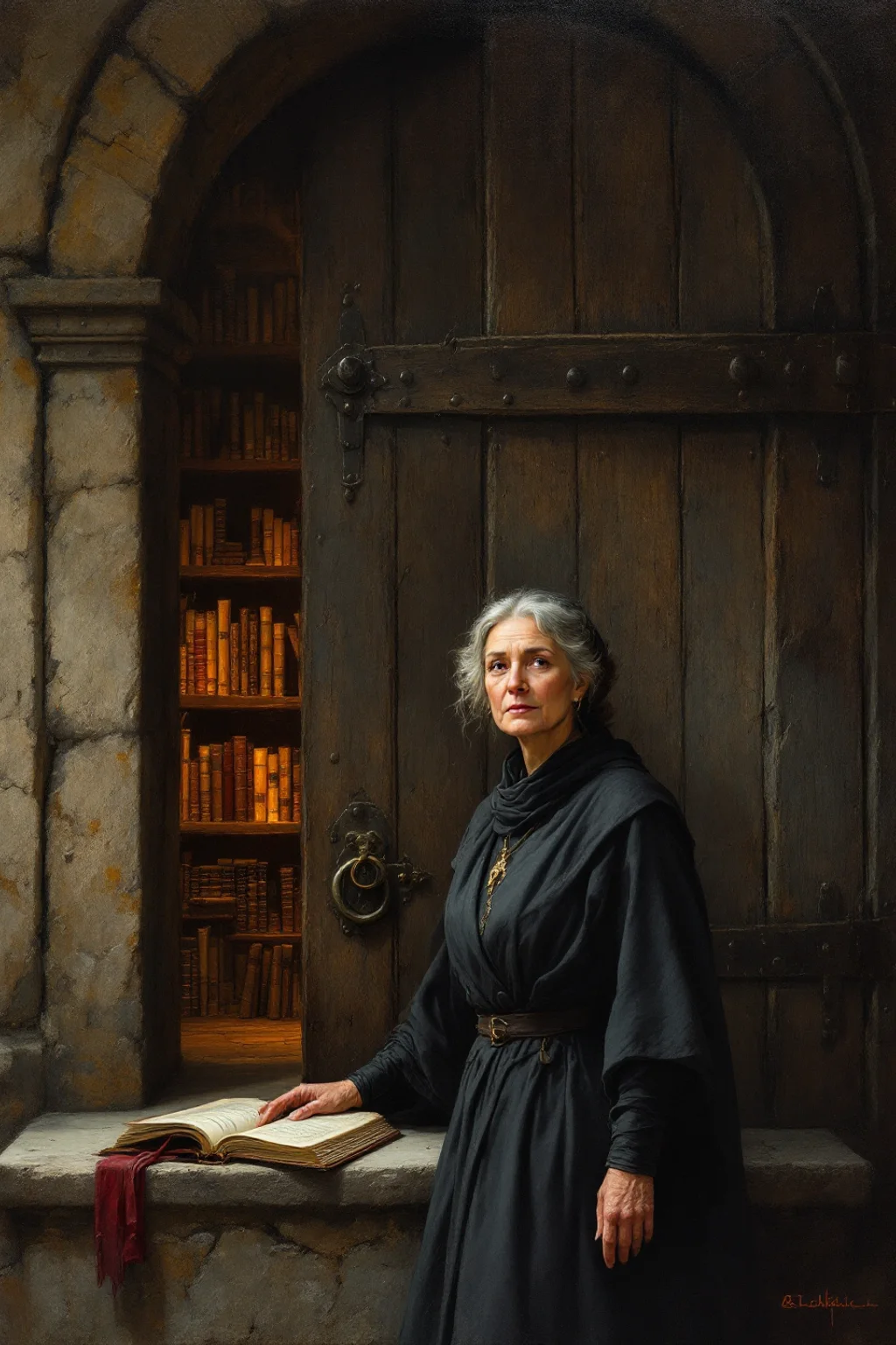 Oil painting of Vesla, Keeper of Clasp Gate, standing beside the iron-bound gate with her ledger open on the stone sill