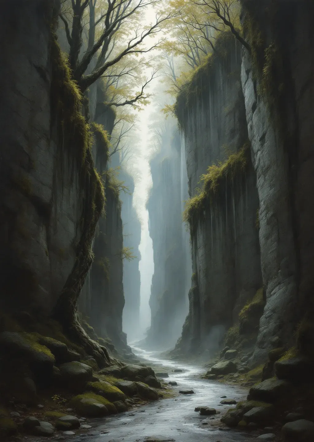 Oil painting of a narrow limestone cleft where a cold road passes between pale rock walls.