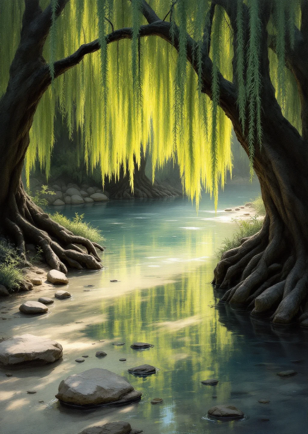 Oil painting of Willow Writ, a shallow clear river bend shaded by ancient willows with worn letters pressed into the streambed stones.