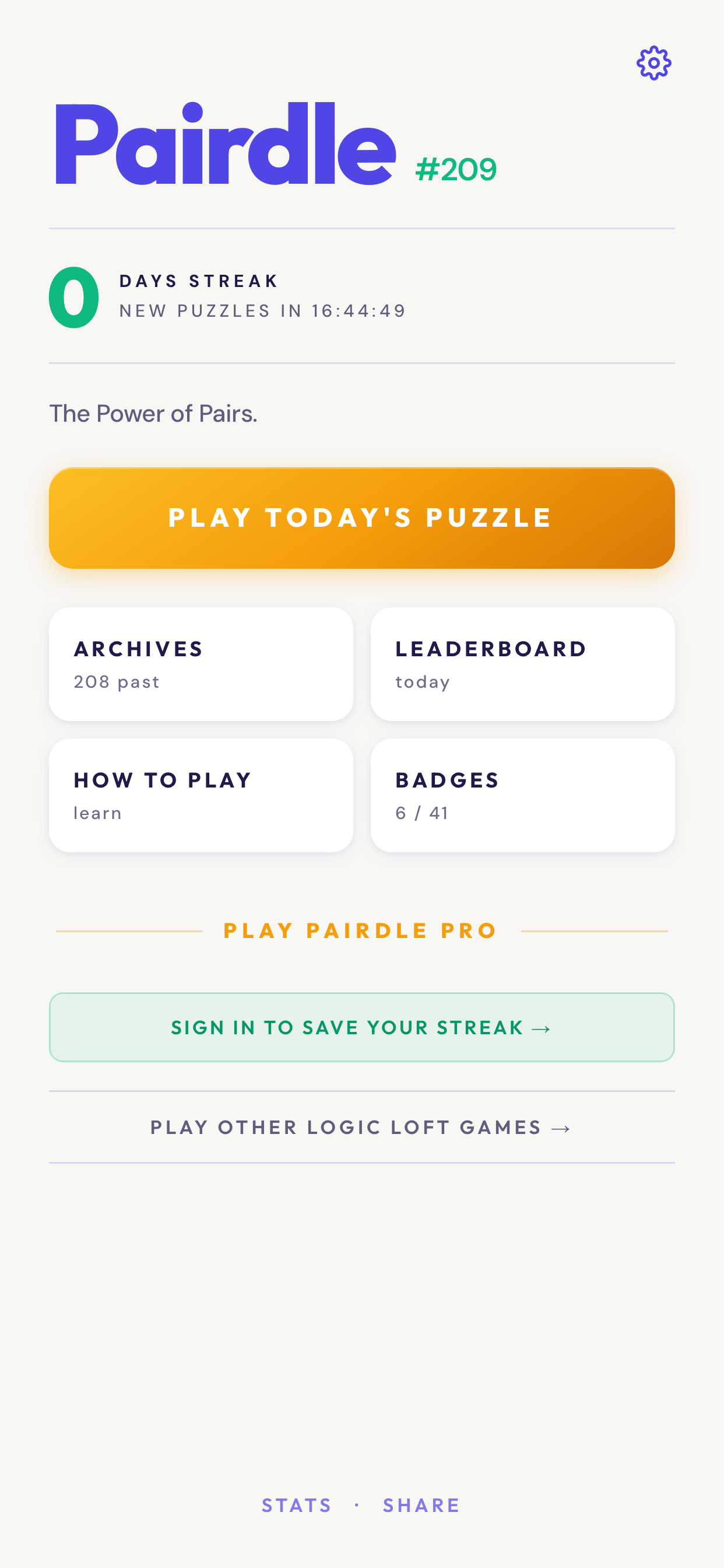Pairdle home screen showing the daily letter-pair puzzle