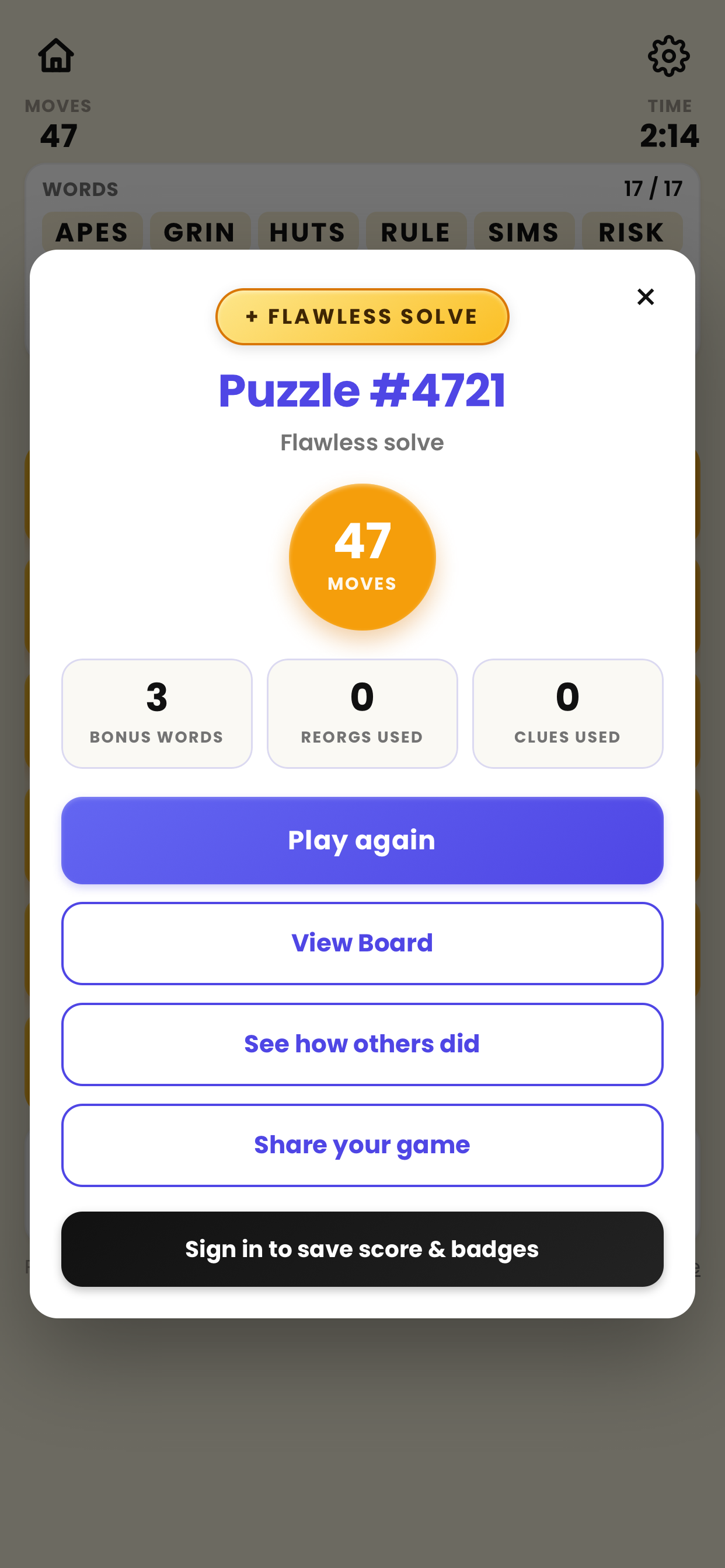 Pairdle Slide victory screen with bonus words and score